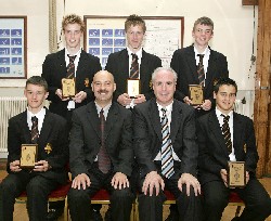 Abbey Grammar pupils that excelled in Athletics are congratulated by Mr. Raymond Cassidy, Guest Speaker. These include Mark Cox, Niall McCartan, Michael Clarke, Andrew Fitzsimons and Ryan Hudson who came first in the team event at the Down District Cross Country Championships. Niall OFlaherty came second in the All-Ireland A Shot Putt and Peter OHare came second in the All-Ireland B High Jump.
